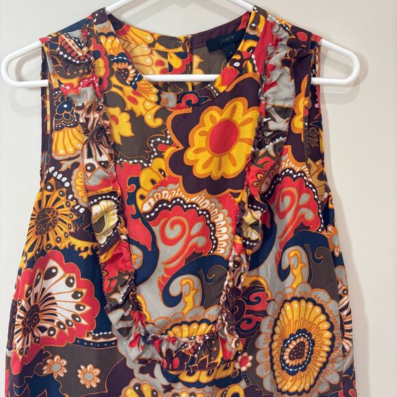 J Crew Paisley Silk Blouse 4 Brown Orange Ruffle Sleeveless Back Button Office - Picture 3 of 9